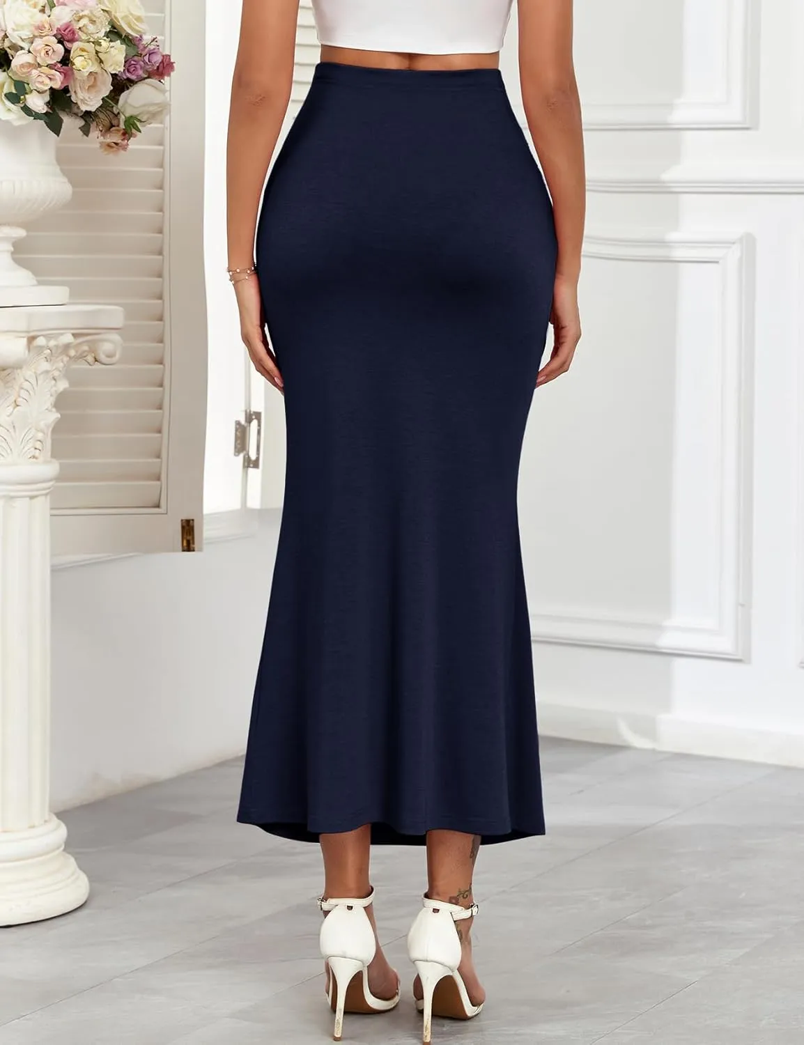 2024 Maternity Adjustable Waist Rib Knit Maxi Skirt Over The Belly Stretchy Pregnancy Long Pencil Skirts