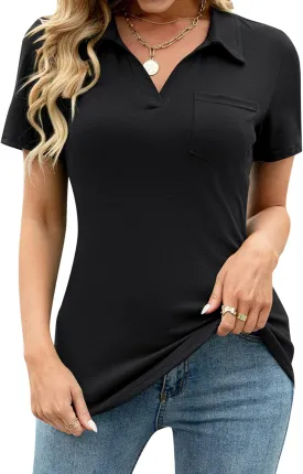 AKEWEI Womens V Neck Polo Shirts Short Sleeve Collared Tops Loose Casual Tunic Blouses with Pocket