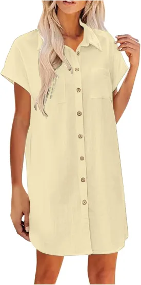 Button Front Shirt Dress for Women, Summer Turndown Collar Short Sleeve Dress Slouchy Loose Linen Dress with Pockets
