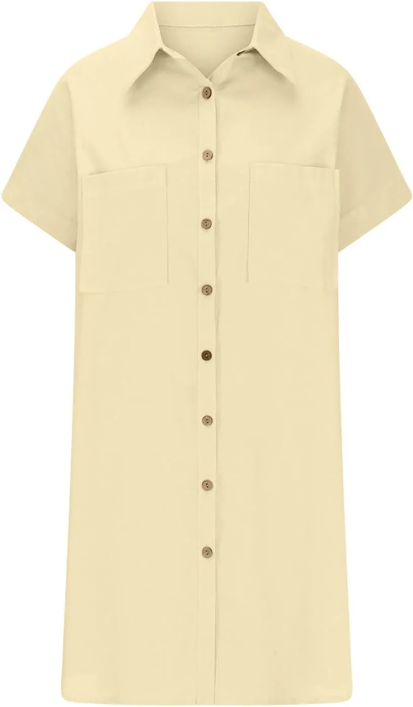 Button Front Shirt Dress for Women, Summer Turndown Collar Short Sleeve Dress Slouchy Loose Linen Dress with Pockets