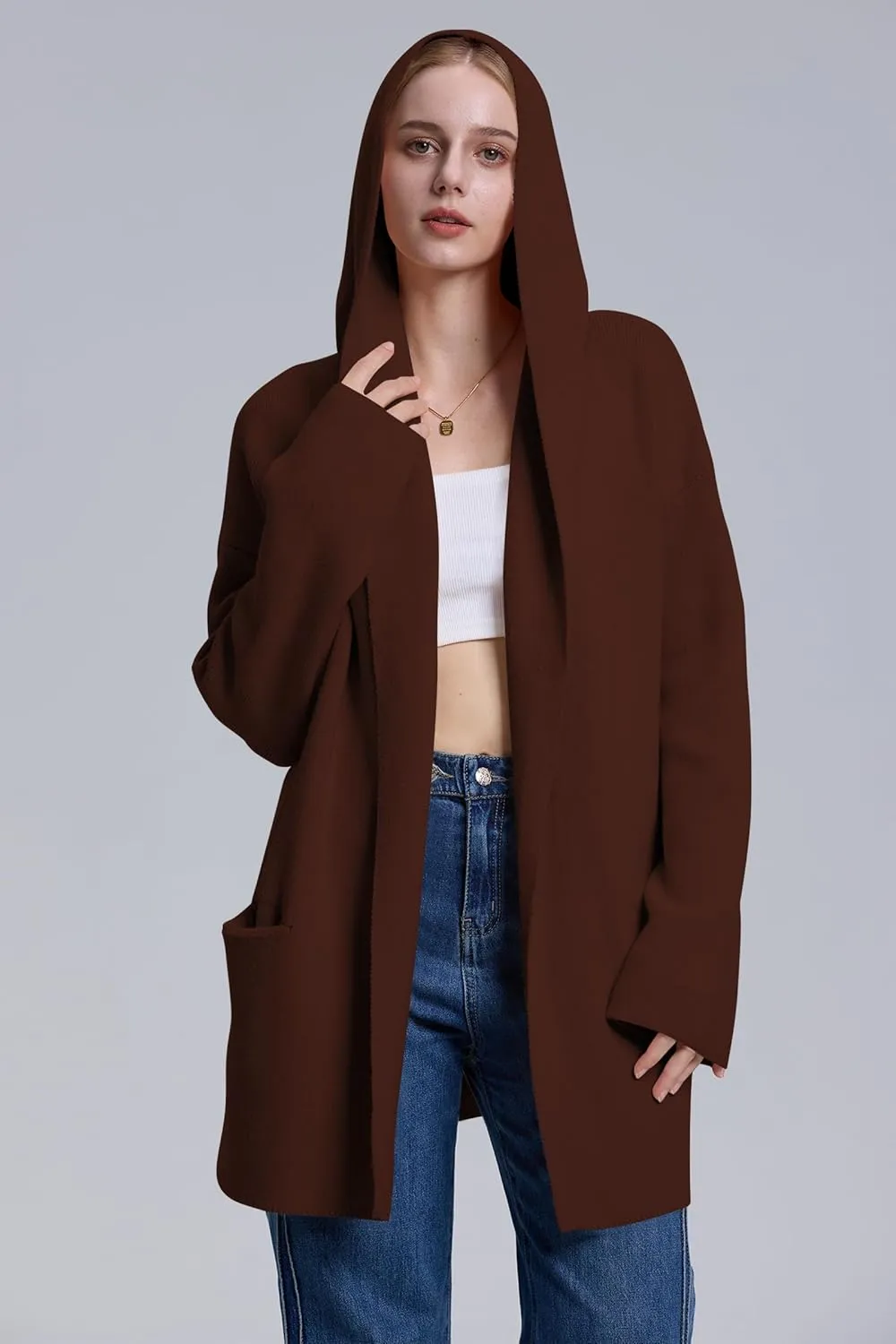 Cakulo Womens Long Hooded Cardigan Sweaters Oversized Fall Cardigans 2025 Open Front Knit Sweater Coats Pockets