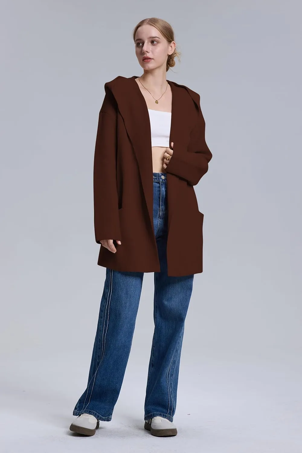 Cakulo Womens Long Hooded Cardigan Sweaters Oversized Fall Cardigans 2025 Open Front Knit Sweater Coats Pockets