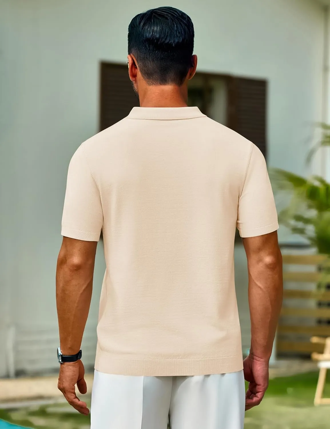 Cotrasen Mens Knit Polo Shirts V Neck Short Sleeve Stretch Collared Knitted Polo T Shirt Casual Summer