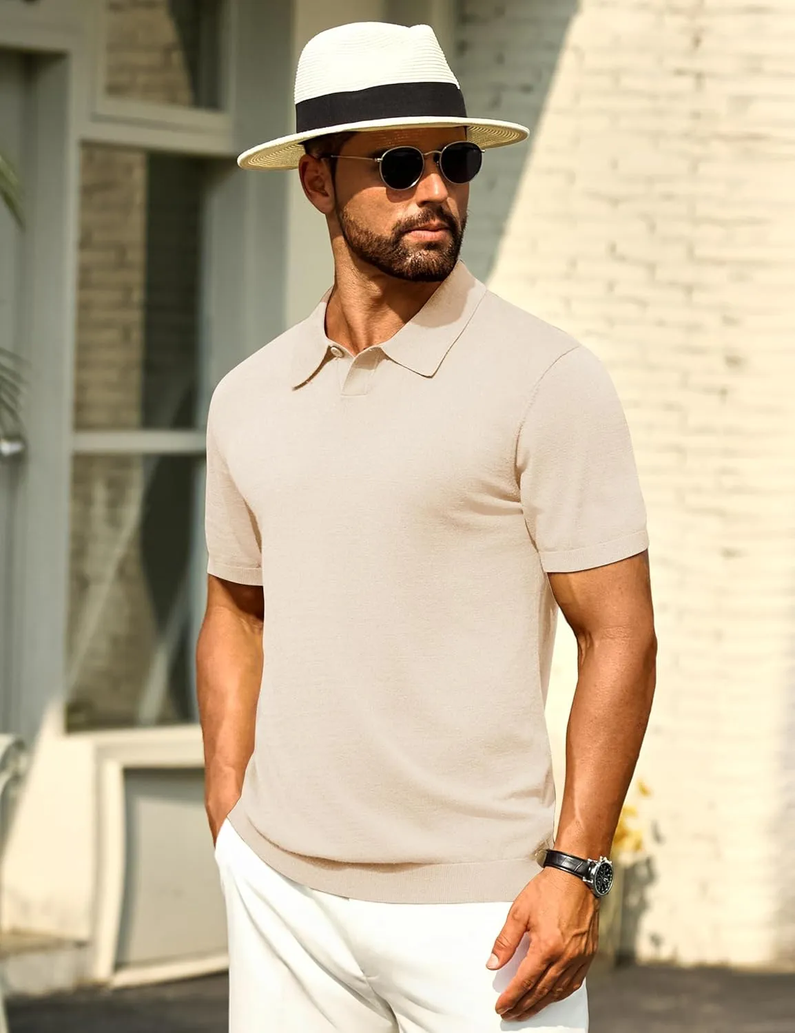 Cotrasen Mens Knit Polo Shirts V Neck Short Sleeve Stretch Collared Knitted Polo T Shirt Casual Summer