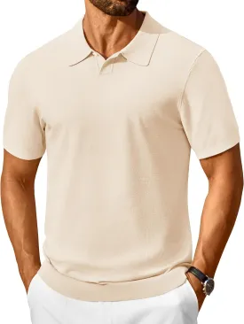 Cotrasen Mens Knit Polo Shirts V Neck Short Sleeve Stretch Collared Knitted Polo T Shirt Casual Summer