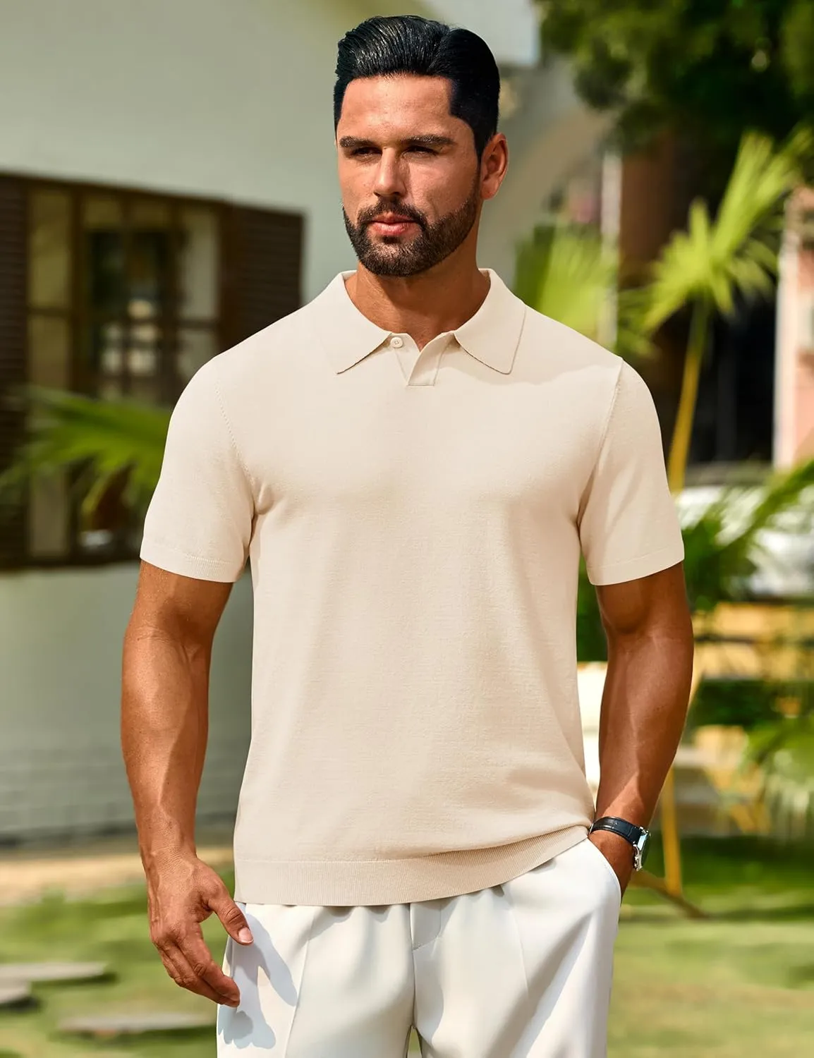 Cotrasen Mens Knit Polo Shirts V Neck Short Sleeve Stretch Collared Knitted Polo T Shirt Casual Summer