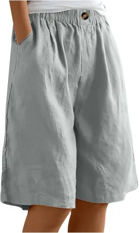 Cotton Linen Shorts for Women Loose Fit Knee Length Bermuda Shorts Casual Wide Leg Elastic Waist Workout Shorts