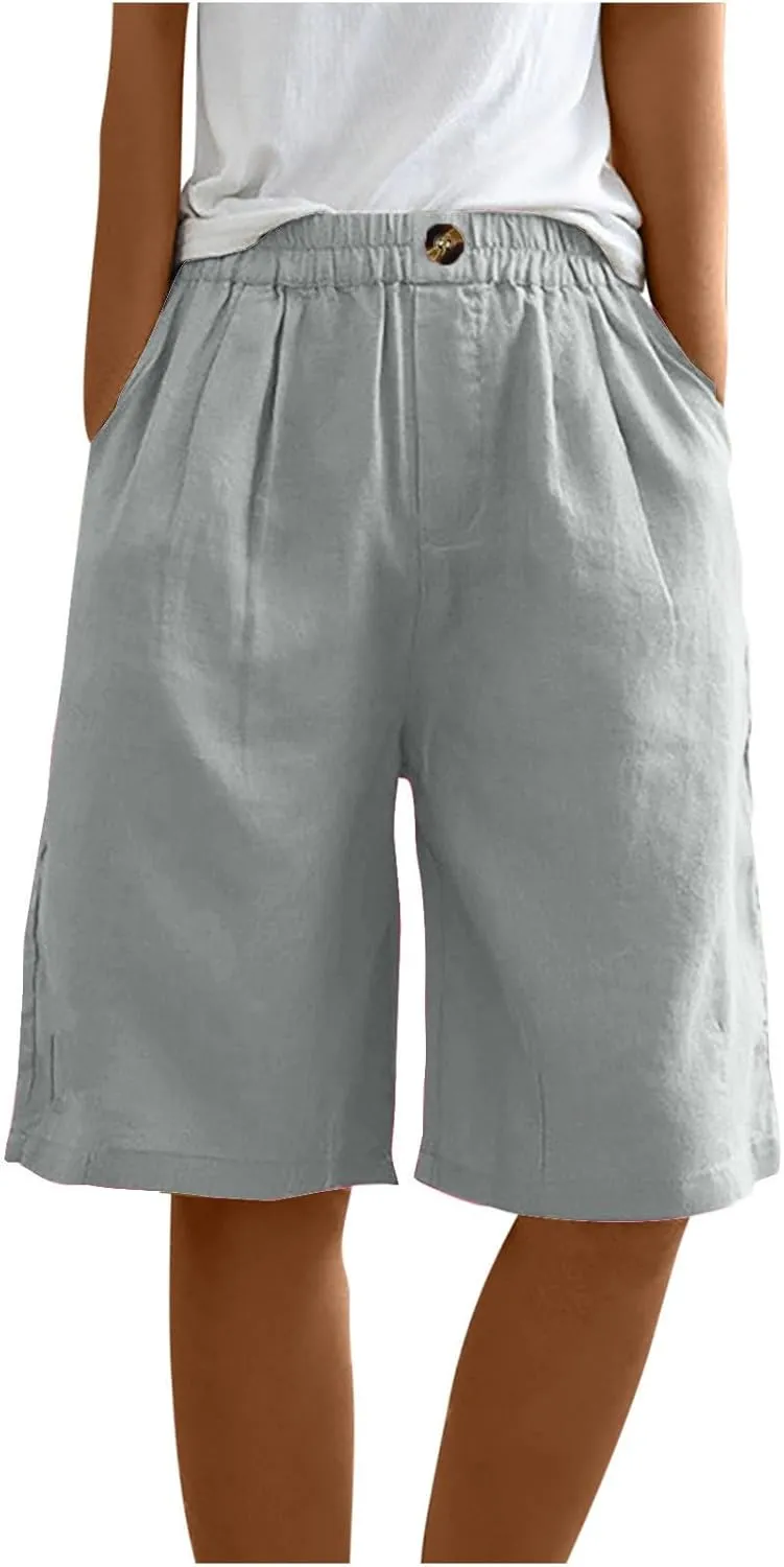 Cotton Linen Shorts for Women Loose Fit Knee Length Bermuda Shorts Casual Wide Leg Elastic Waist Workout Shorts