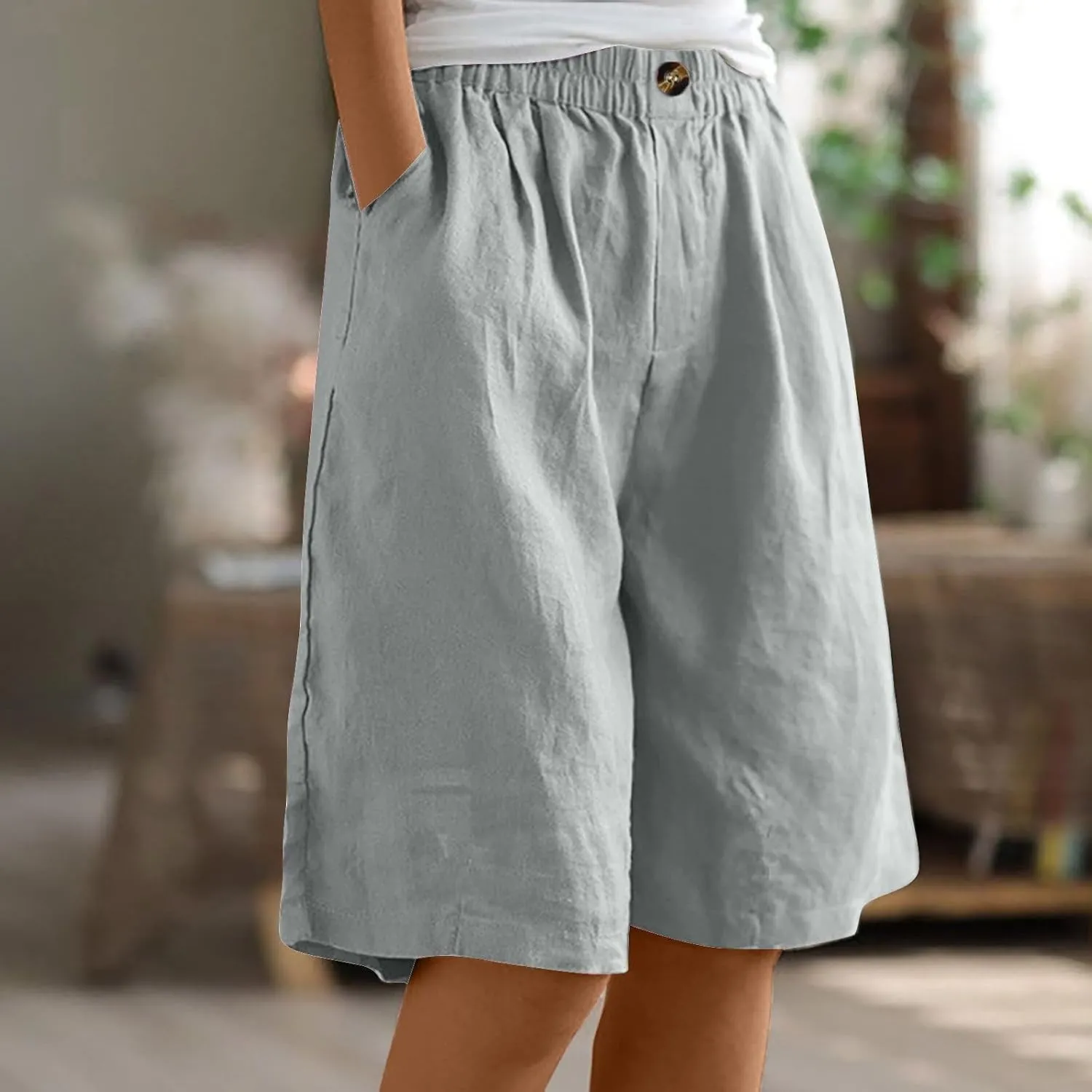 Cotton Linen Shorts for Women Loose Fit Knee Length Bermuda Shorts Casual Wide Leg Elastic Waist Workout Shorts