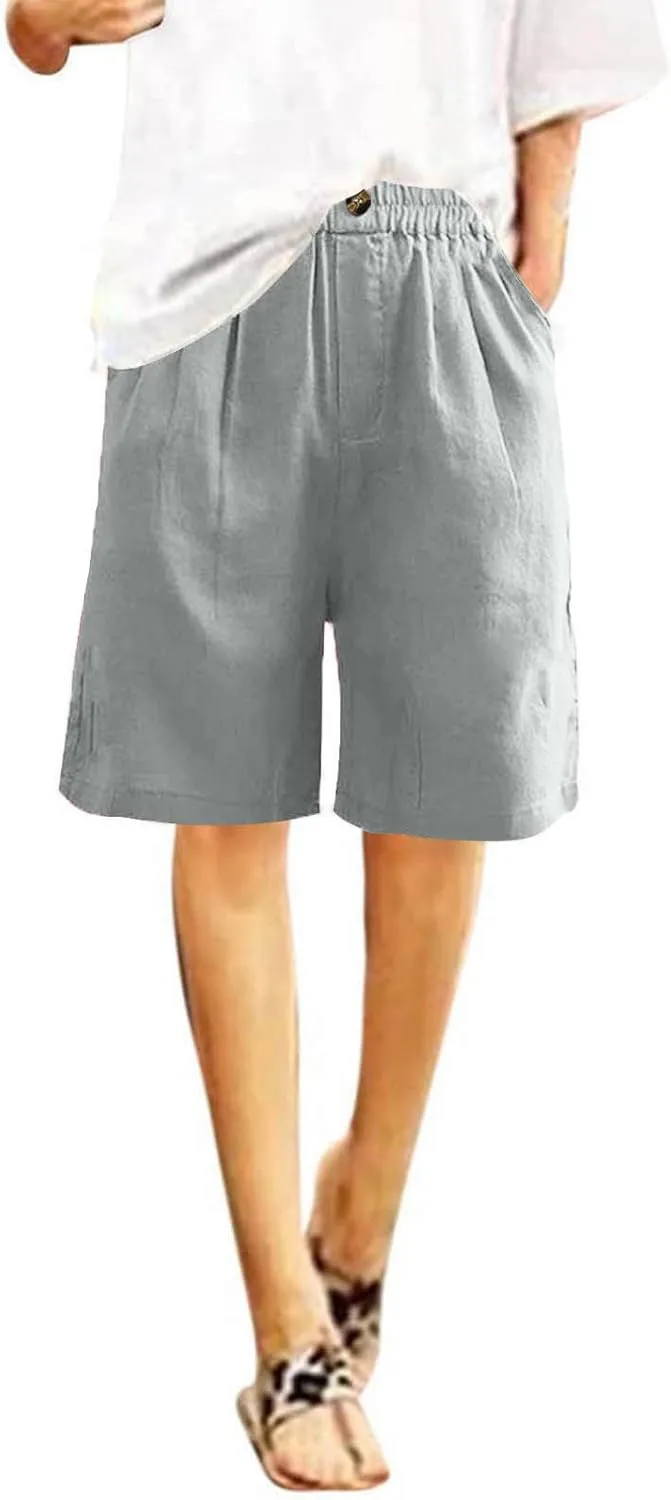 Cotton Linen Shorts for Women Loose Fit Knee Length Bermuda Shorts Casual Wide Leg Elastic Waist Workout Shorts