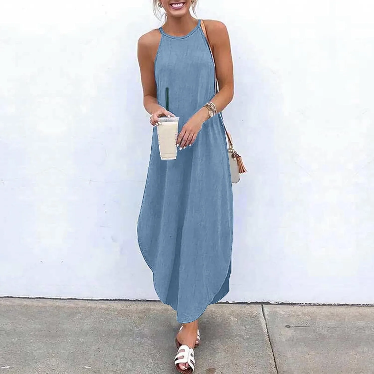 Denim Dresses for Women 2025 Summer Split Hem Beach Vacation Long Sundress Casual Loose Fit Sleeveless Crewneck Dress