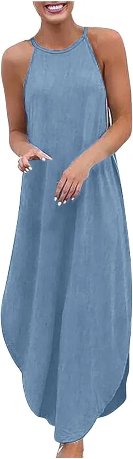 Denim Dresses for Women 2025 Summer Split Hem Beach Vacation Long Sundress Casual Loose Fit Sleeveless Crewneck Dress