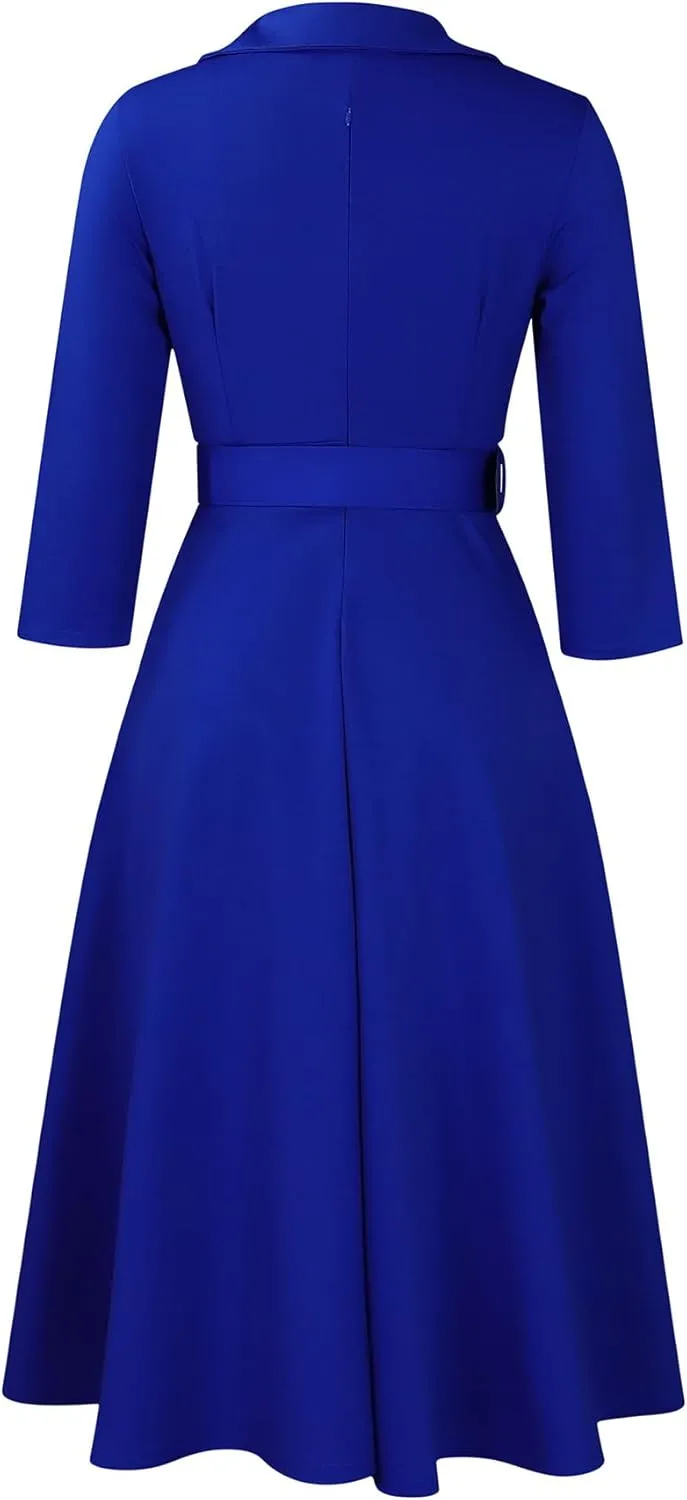 Elainone Women’s 3/4 Sleeve Flared A Line Dress Wedding Guest Casual Semi Formal Office Lady Dresses with Belt