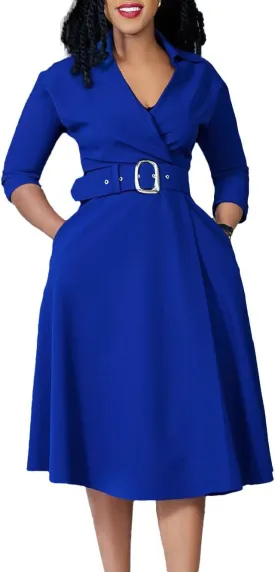 Elainone Women’s 3/4 Sleeve Flared A Line Dress Wedding Guest Casual Semi Formal Office Lady Dresses with Belt