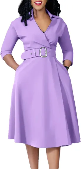 Elainone Women’s 3/4 Sleeve Flared A Line Dress Wedding Guest Casual Semi Formal Office Lady Dresses with Belt