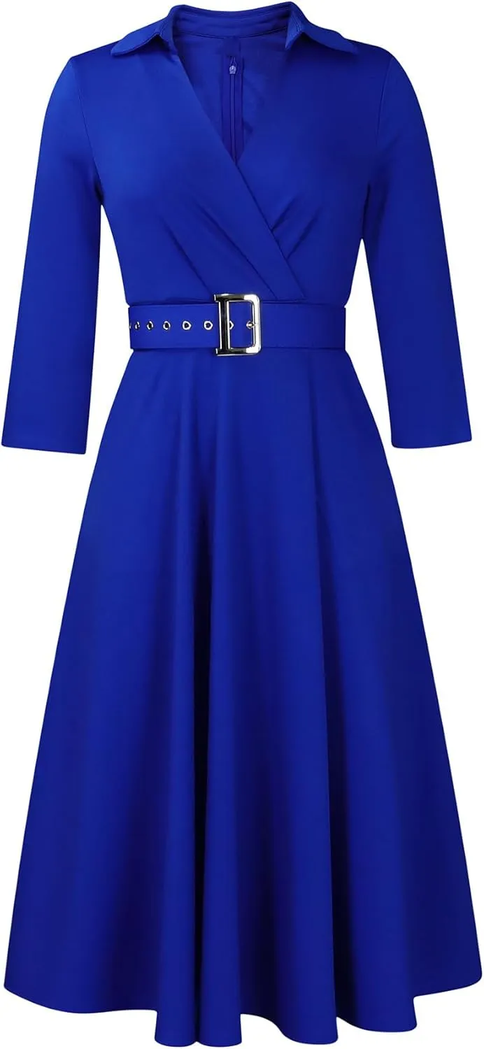 Elainone Women’s 3/4 Sleeve Flared A Line Dress Wedding Guest Casual Semi Formal Office Lady Dresses with Belt