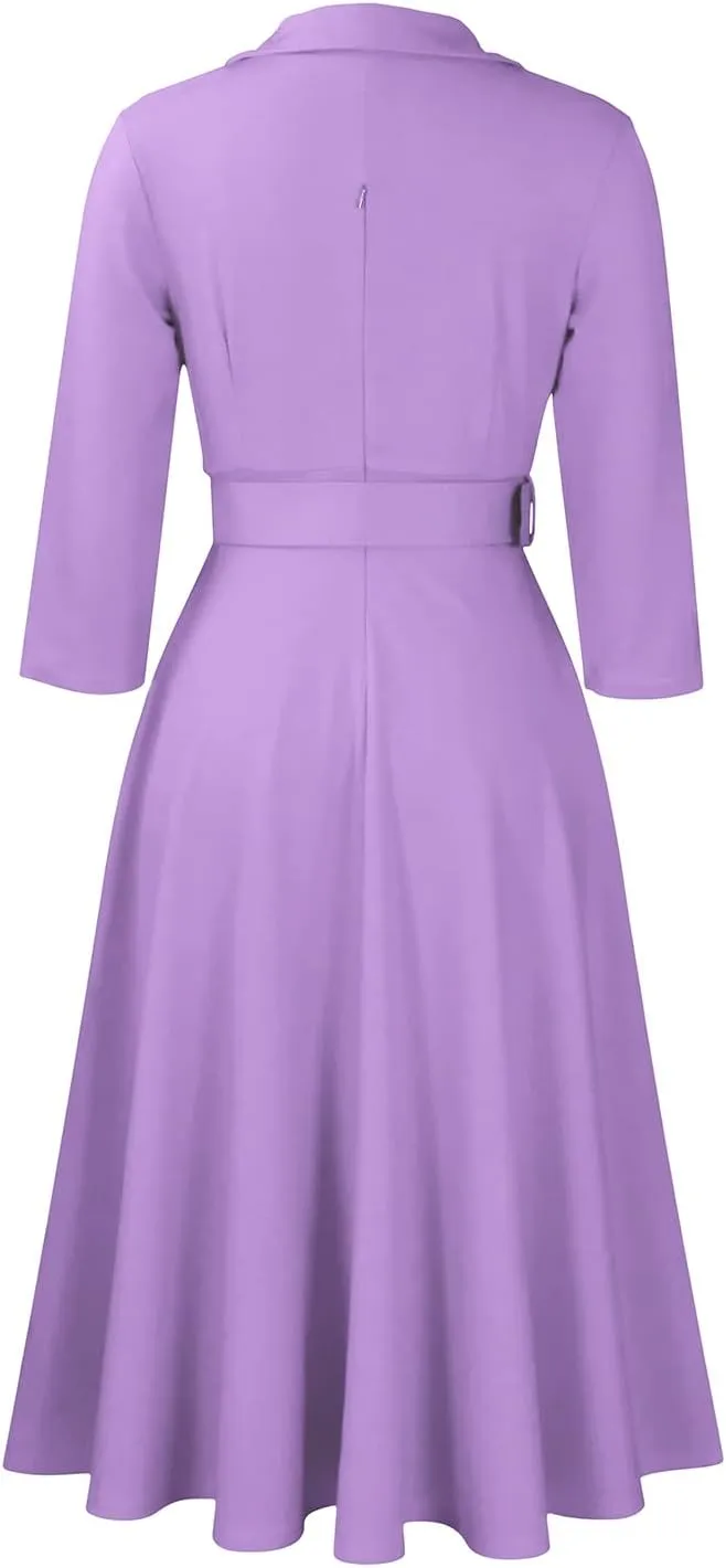 Elainone Women’s 3/4 Sleeve Flared A Line Dress Wedding Guest Casual Semi Formal Office Lady Dresses with Belt