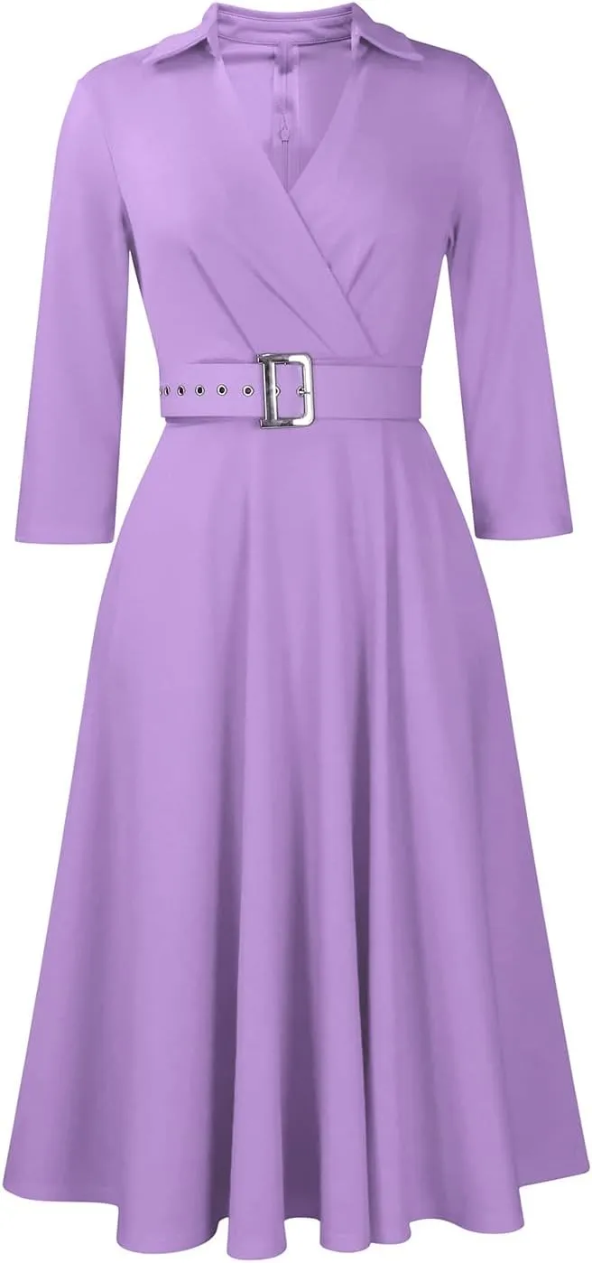 Elainone Women’s 3/4 Sleeve Flared A Line Dress Wedding Guest Casual Semi Formal Office Lady Dresses with Belt