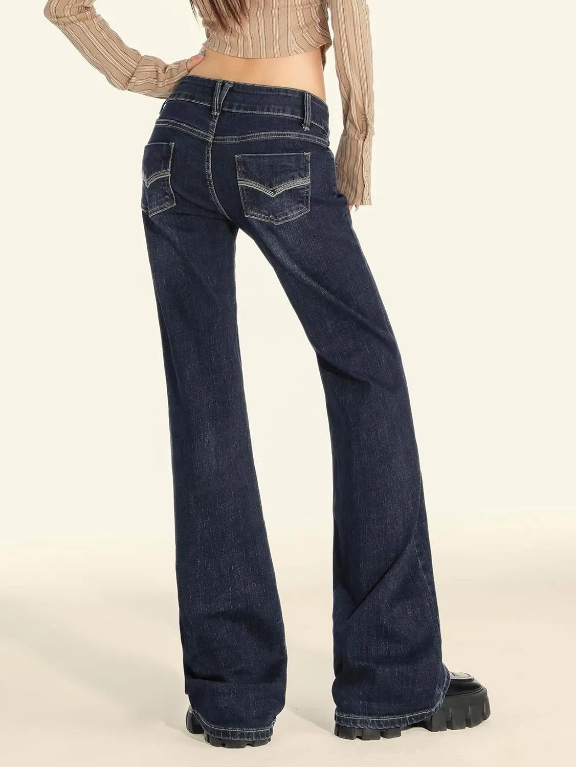 EMMIOL Women Bell Bottom Jeans Mid-Low Waist Stretch Flare Jeans Boyfriends Pants Y2K 90s Denim Pants
