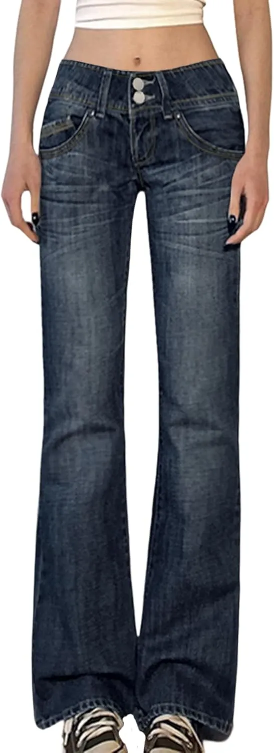 EMMIOL Women Bell Bottom Jeans Mid-Low Waist Stretch Flare Jeans Boyfriends Pants Y2K 90s Denim Pants