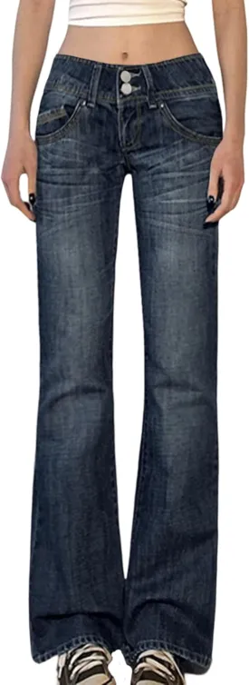 EMMIOL Women Bell Bottom Jeans Mid-Low Waist Stretch Flare Jeans Boyfriends Pants Y2K 90s Denim Pants