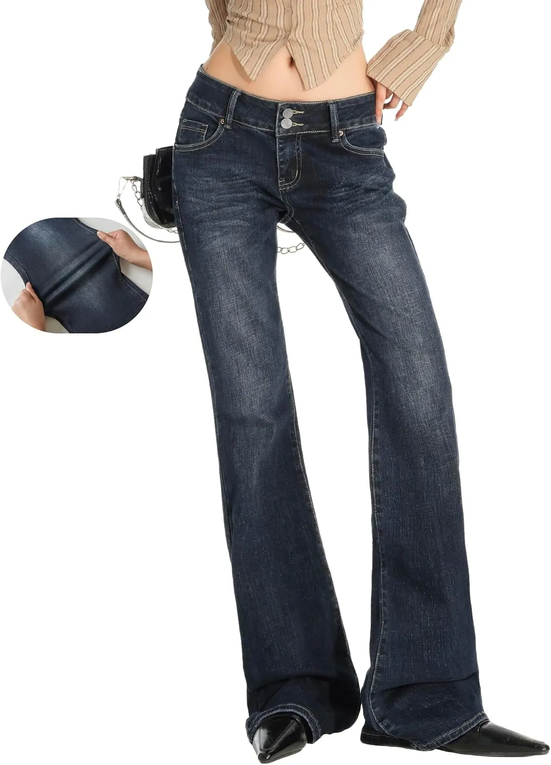EMMIOL Women Bell Bottom Jeans Mid-Low Waist Stretch Flare Jeans Boyfriends Pants Y2K 90s Denim Pants