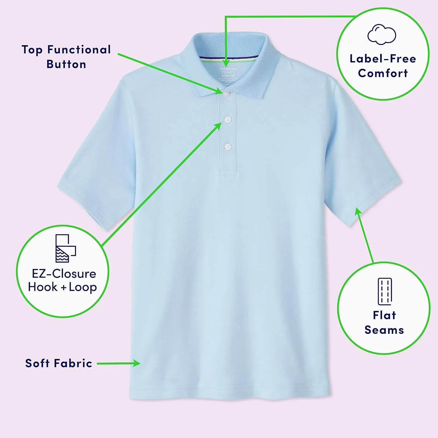 French Toast Kids' Adaptive Short Sleeve Polo Shirt | Hook and Loop Placket | Flat Seams