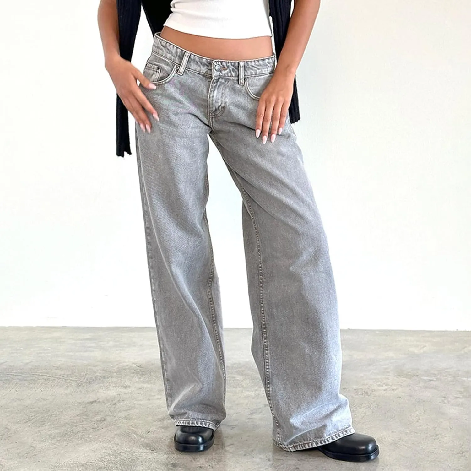 Giraropa Women Y2k Low Rise Jeans Vintage Baggy Straight Wide Leg Boyfriend Jeans Casual Loose Fit Long Denim Pants
