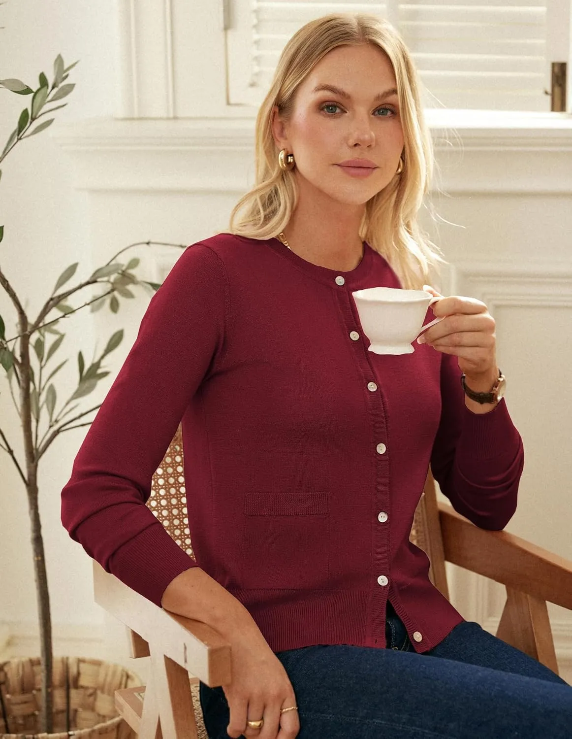 GRACE KARIN Women's Lightweight Cardigan Crew Neck Button Up Sweaters Long Sleeve Knit Cardigans with Pockets