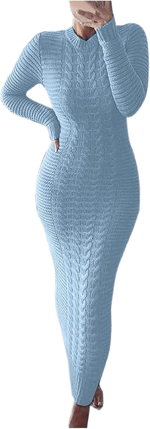 HGps8w Women's Sexy Long Sleeve Sweater Dress Crewneck Cable Knit Bodycon Maxi Dresses Slim Fit Pullover Jumpers