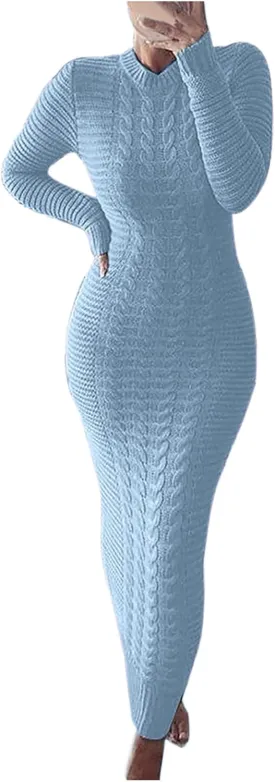HGps8w Women's Sexy Long Sleeve Sweater Dress Crewneck Cable Knit Bodycon Maxi Dresses Slim Fit Pullover Jumpers