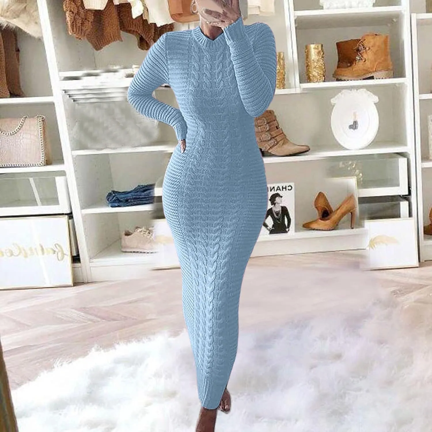 HGps8w Women's Sexy Long Sleeve Sweater Dress Crewneck Cable Knit Bodycon Maxi Dresses Slim Fit Pullover Jumpers