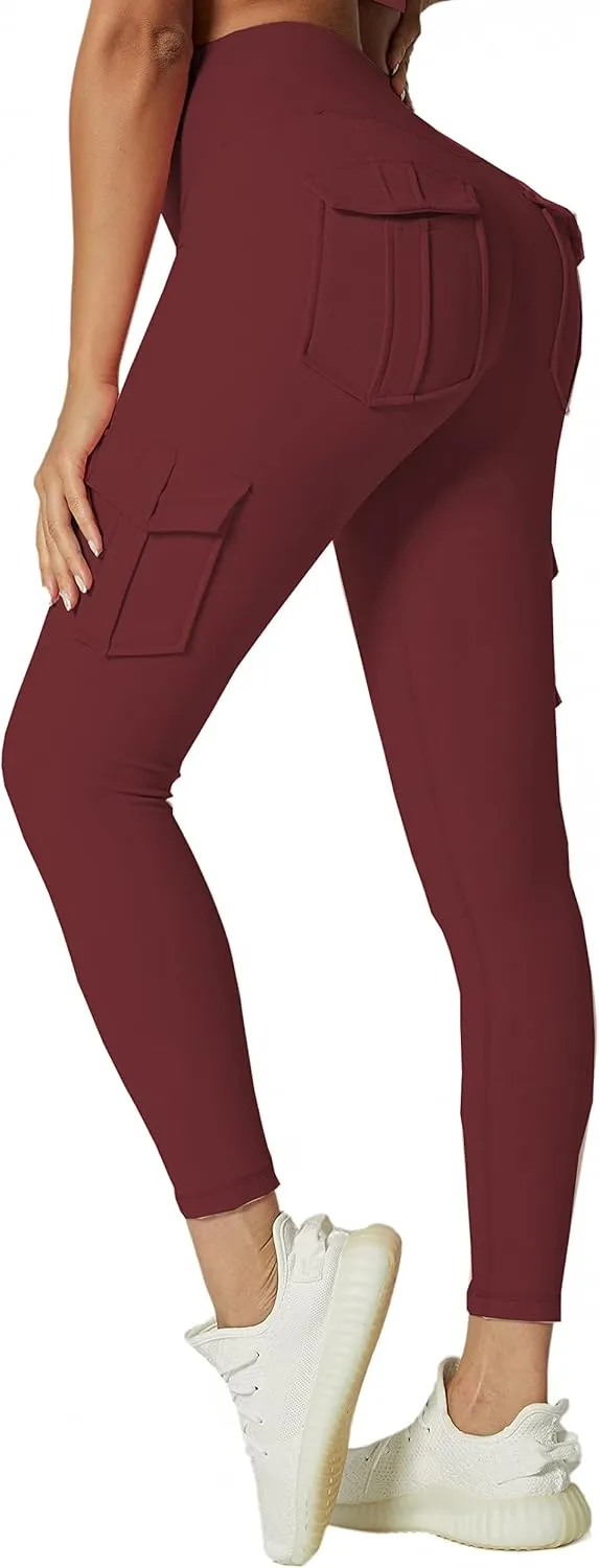 JEGGE High Waist Yoga Leggings with 4 Pockets,Tummy Control Workout Running 4 Way Stretch Cargo Pocket Leggings