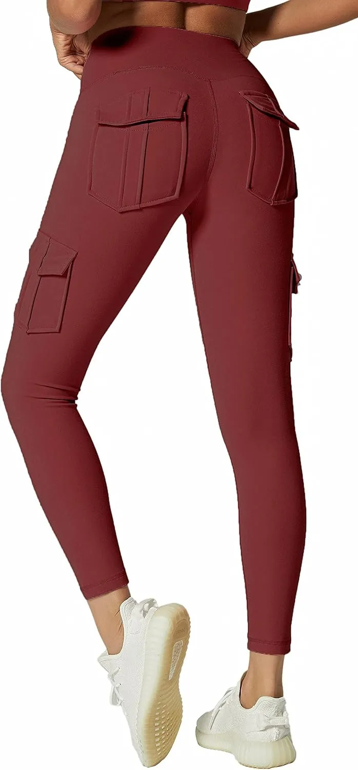 JEGGE High Waist Yoga Leggings with 4 Pockets,Tummy Control Workout Running 4 Way Stretch Cargo Pocket Leggings
