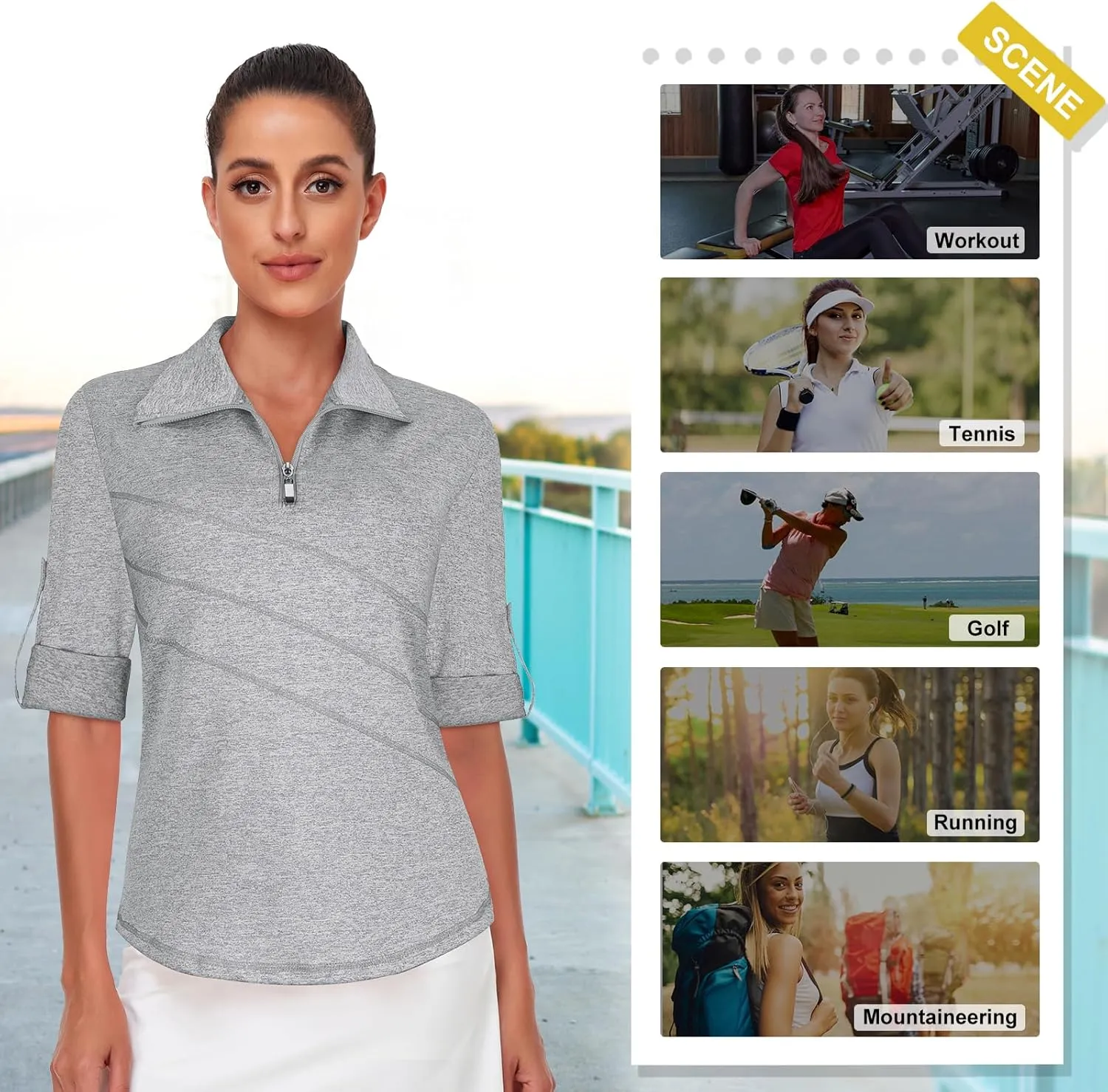 Koscacy Women's 3/4 Roll Sleeve Golf Tennis Polo Shirts UPF50  Half Zip Dry Fit Workout Tops Athletic Shirt