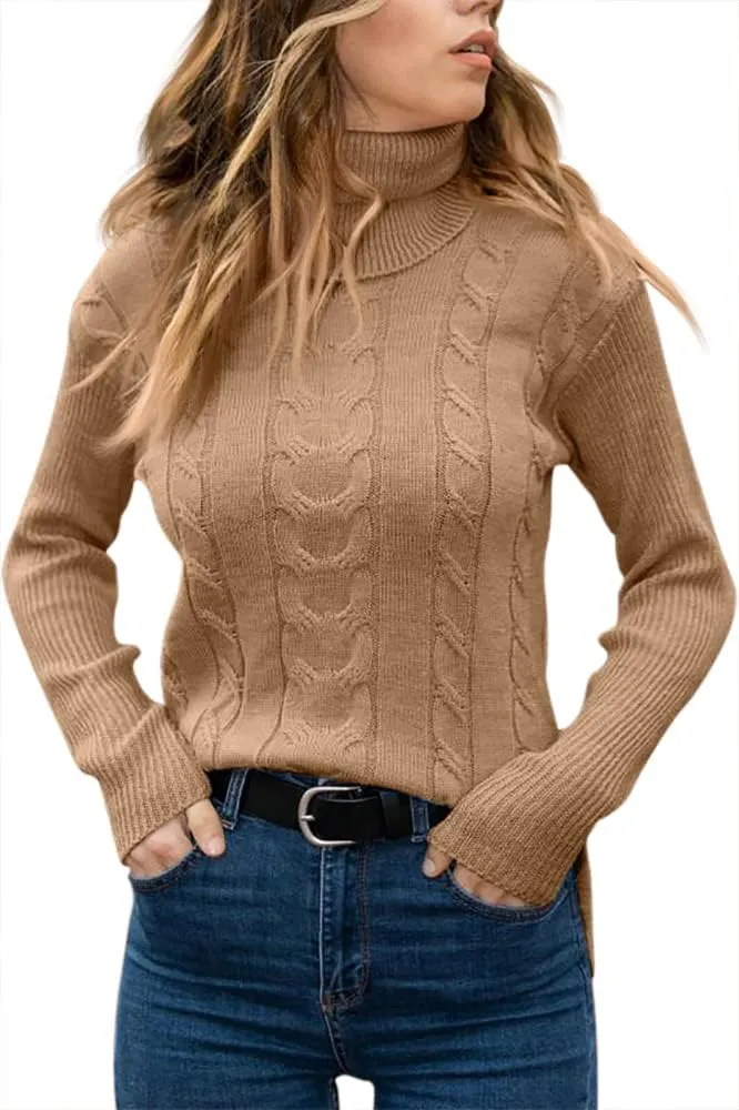 Langwyqu Womens' Turtleneck Long Sleeve Cable Knit Sweaters
