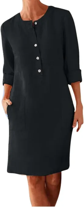 Linen Cotton Dress for Women 2025 Button Shirt Dress Long Sleeve Round Neck Dressy Casual Mini Dresses with Pockets