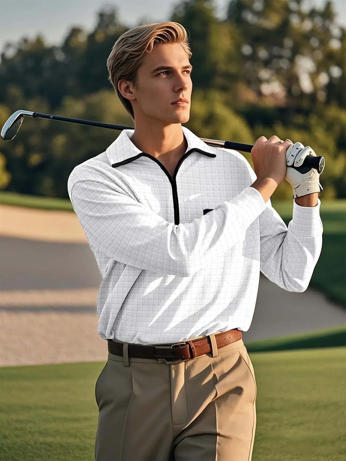 Men's Long Sleeve Polo Shirts Quarter Zip Up Pullover Slim Fit Casual Stylish Golf Collar Shirt for Men with Pocket