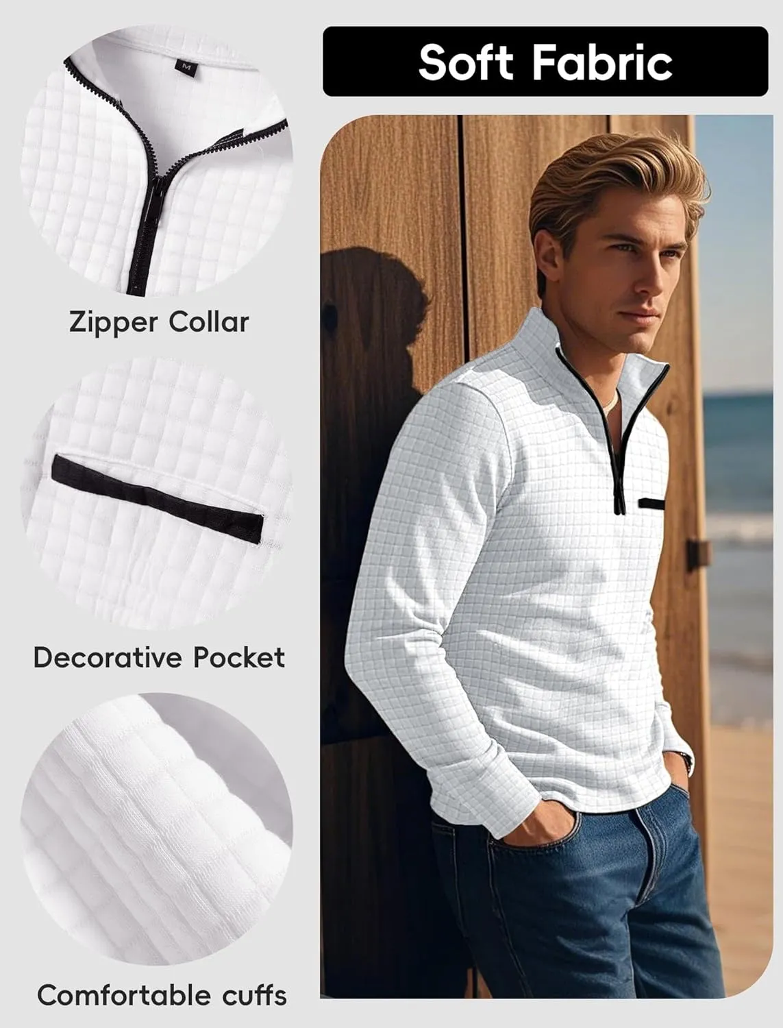 Men's Long Sleeve Polo Shirts Quarter Zip Up Pullover Slim Fit Casual Stylish Golf Collar Shirt for Men with Pocket