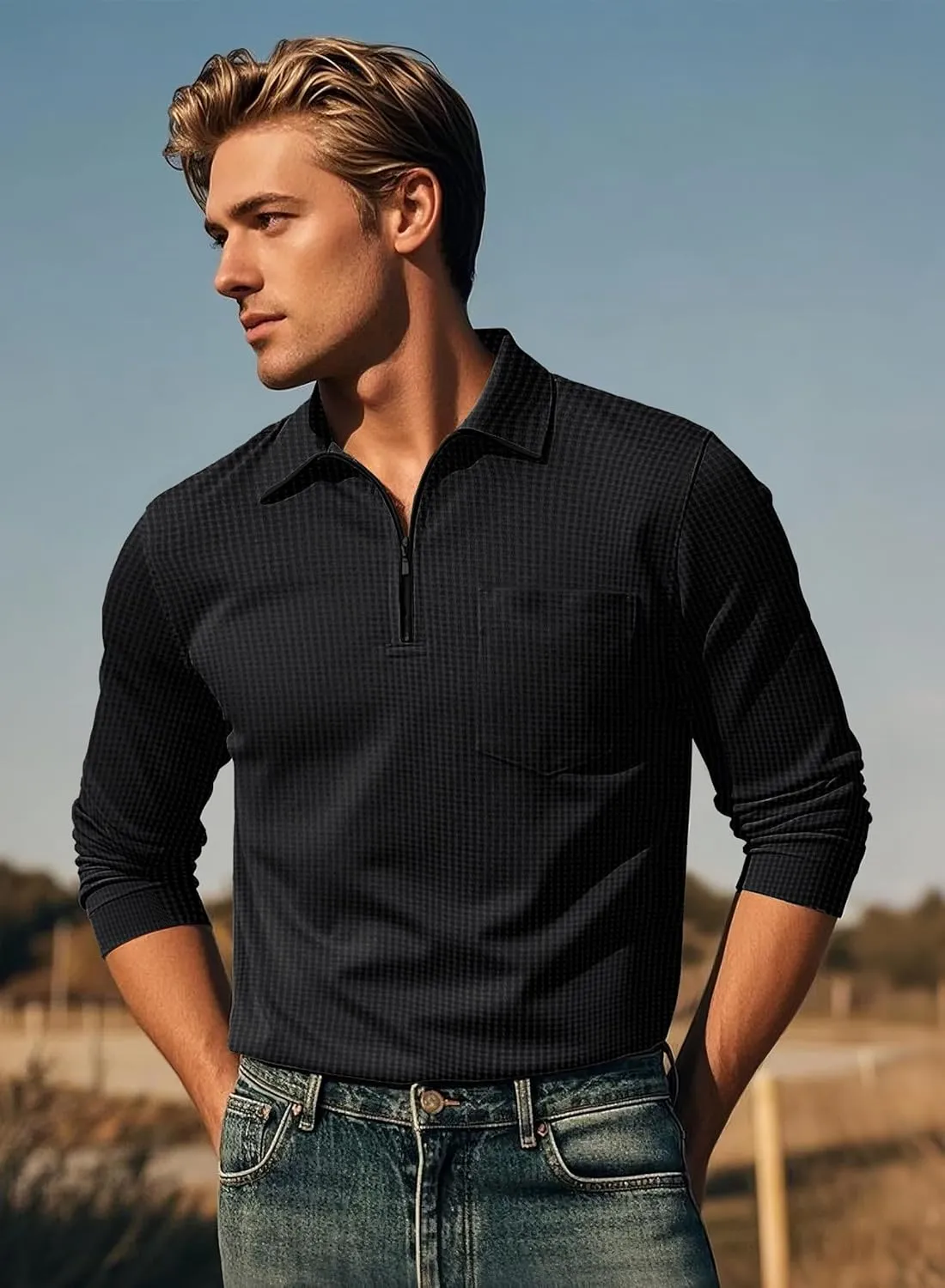 Men's Long Sleeve Polo Shirts Quarter Zip Up Pullover Slim Fit Casual Stylish Golf Collar Shirt for Men with Pocket