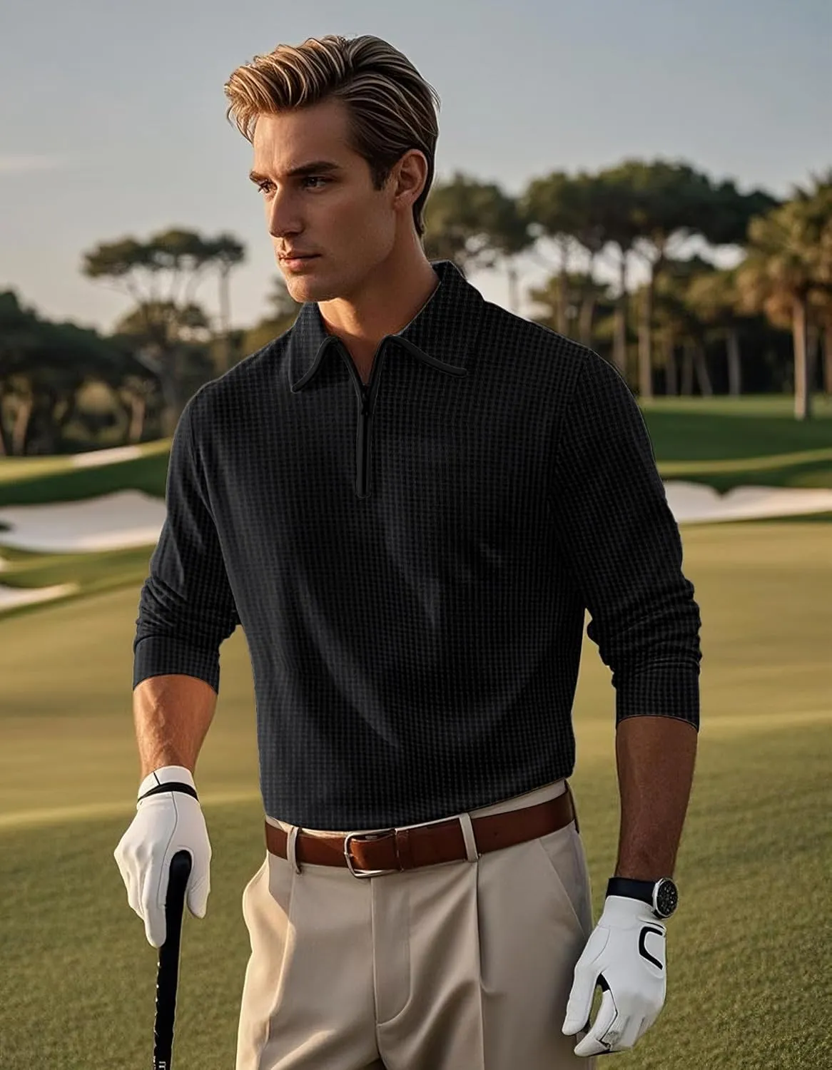 Men's Long Sleeve Polo Shirts Quarter Zip Up Pullover Slim Fit Casual Stylish Golf Collar Shirt for Men with Pocket