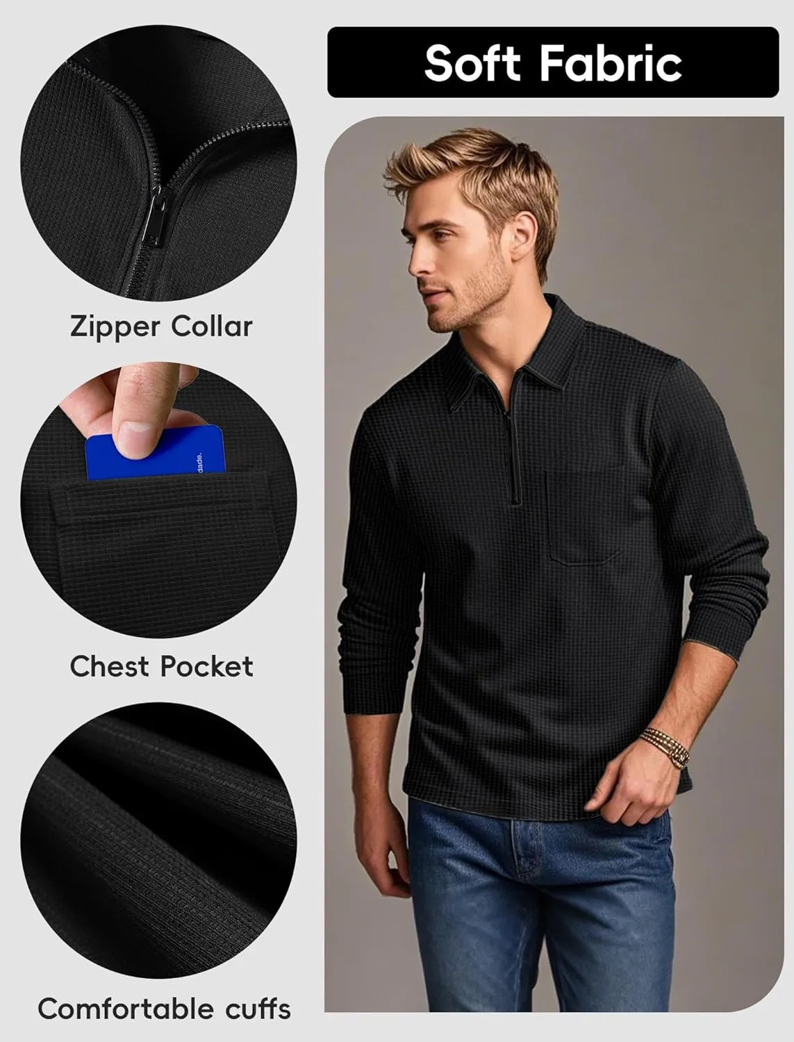 Men's Long Sleeve Polo Shirts Quarter Zip Up Pullover Slim Fit Casual Stylish Golf Collar Shirt for Men with Pocket