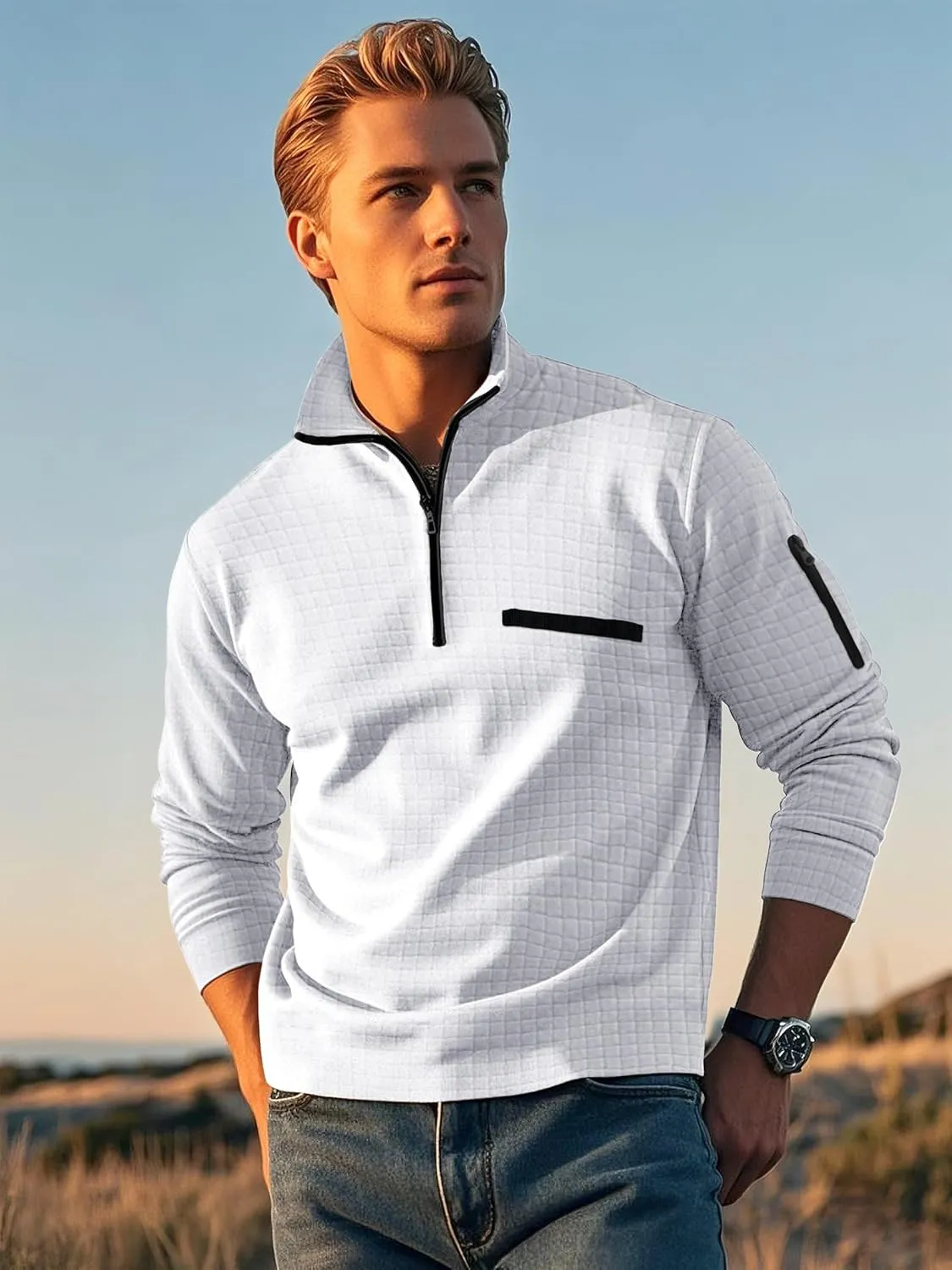 Men's Long Sleeve Polo Shirts Quarter Zip Up Pullover Slim Fit Casual Stylish Golf Collar Shirt for Men with Pocket