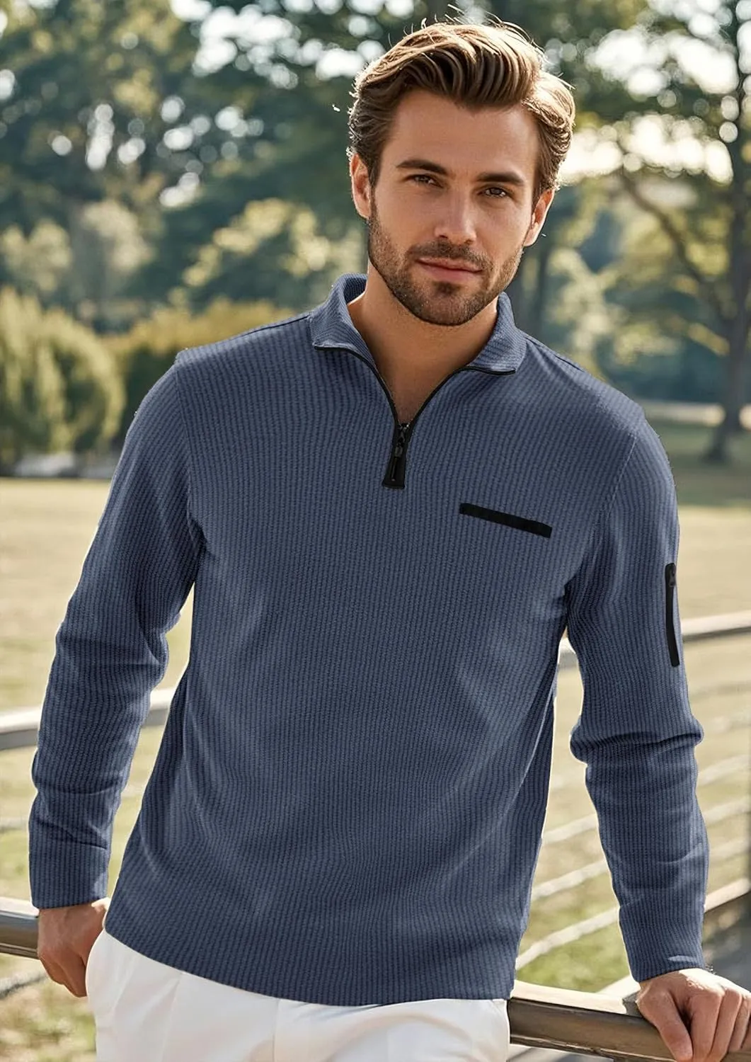 Men's Long Sleeve Polo Shirts Quarter Zip Up Pullover Slim Fit Casual Stylish Golf Collar Shirt for Men with Pocket