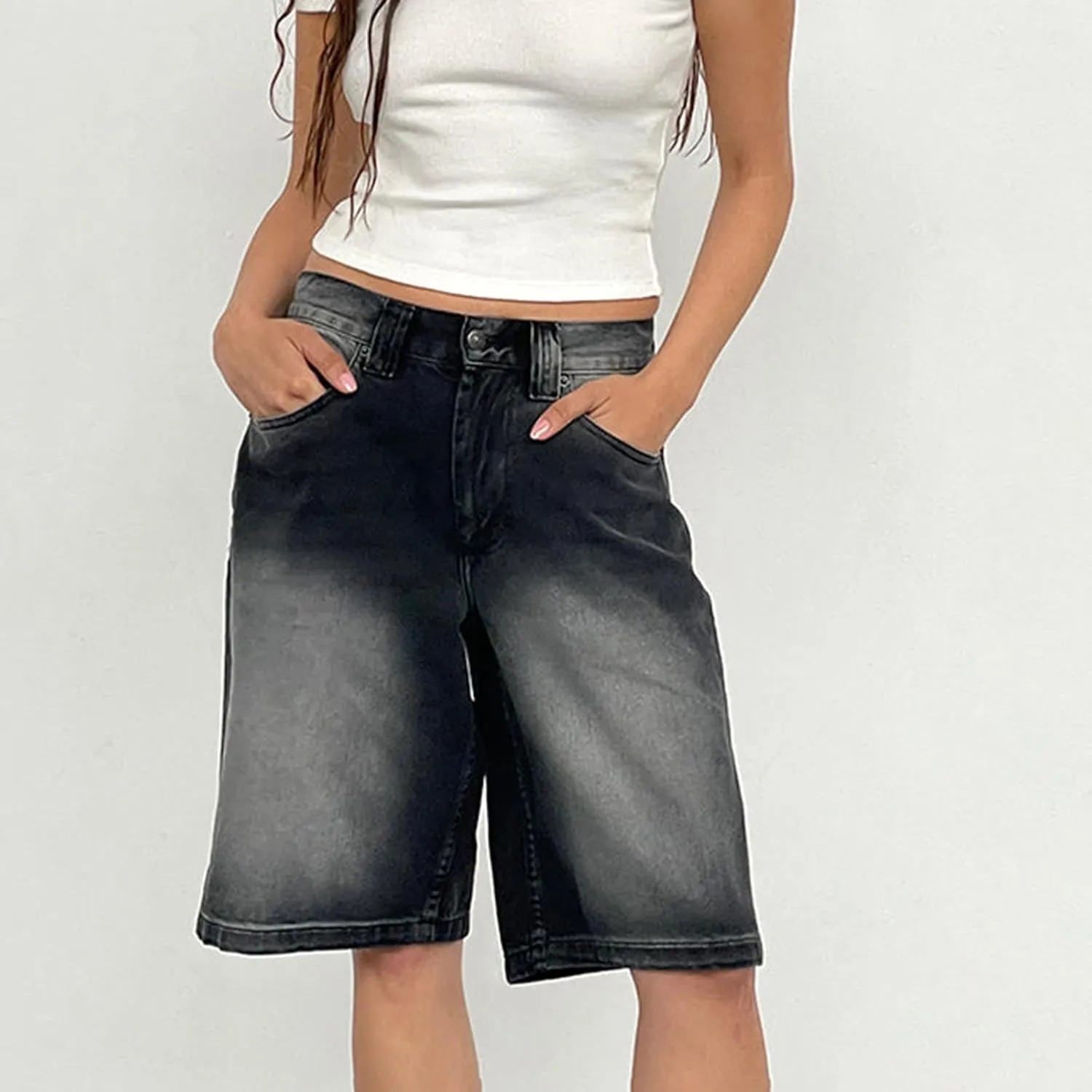 NUFIWI Women Y2k Boyfriend Denim Shorts Low Waist Wide Leg Bermuda Shorts Straight Leg Summer Jean Shorts Streetwear