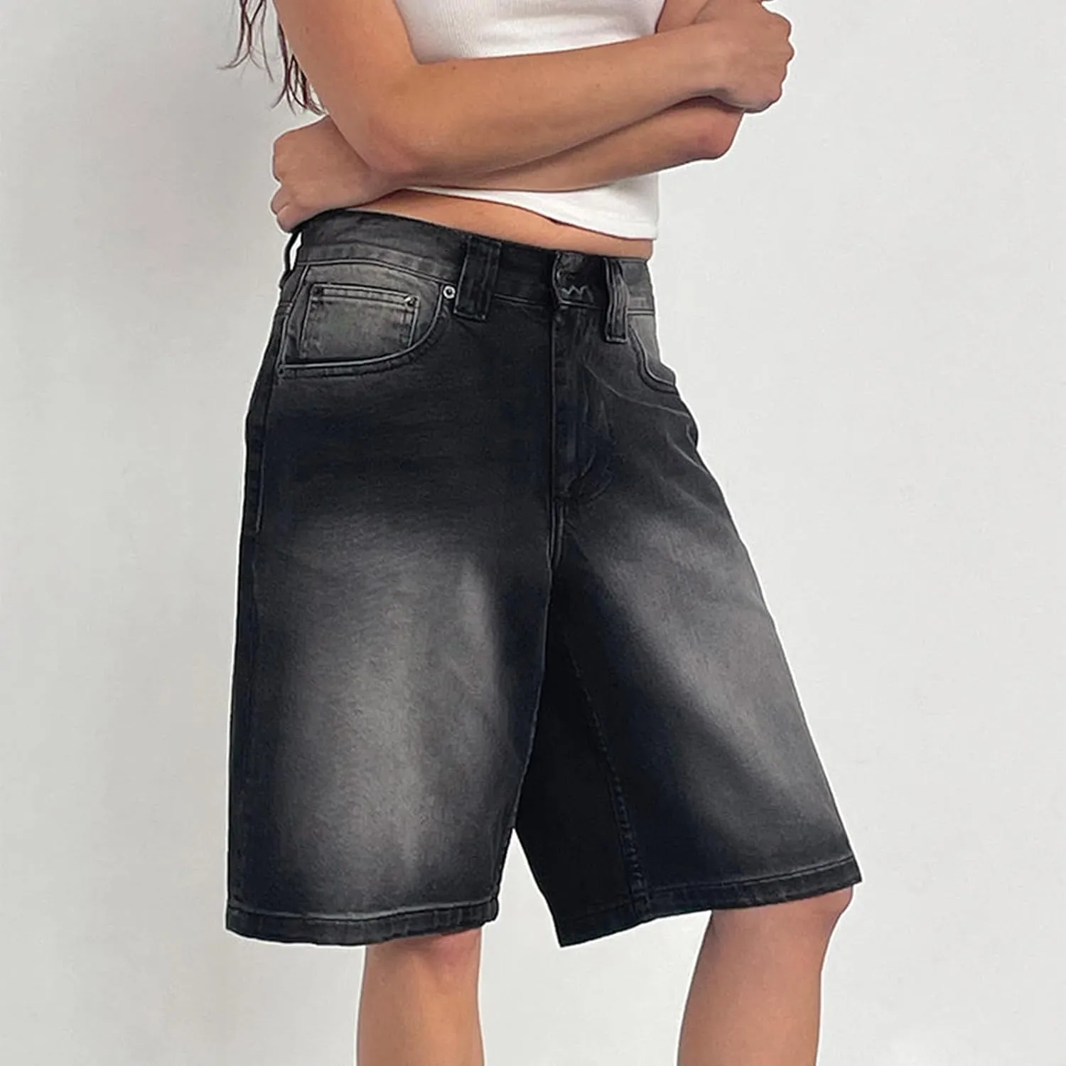 NUFIWI Women Y2k Boyfriend Denim Shorts Low Waist Wide Leg Bermuda Shorts Straight Leg Summer Jean Shorts Streetwear