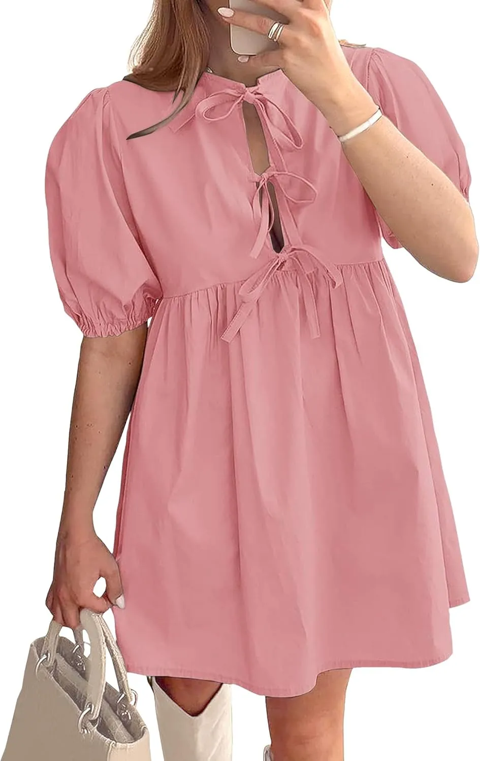Puff Sleeve Dress for Women Summer Short Sleeve Mini Babydoll Dress Bow Front Tie Cute Pleated A Line Tunic Dresses