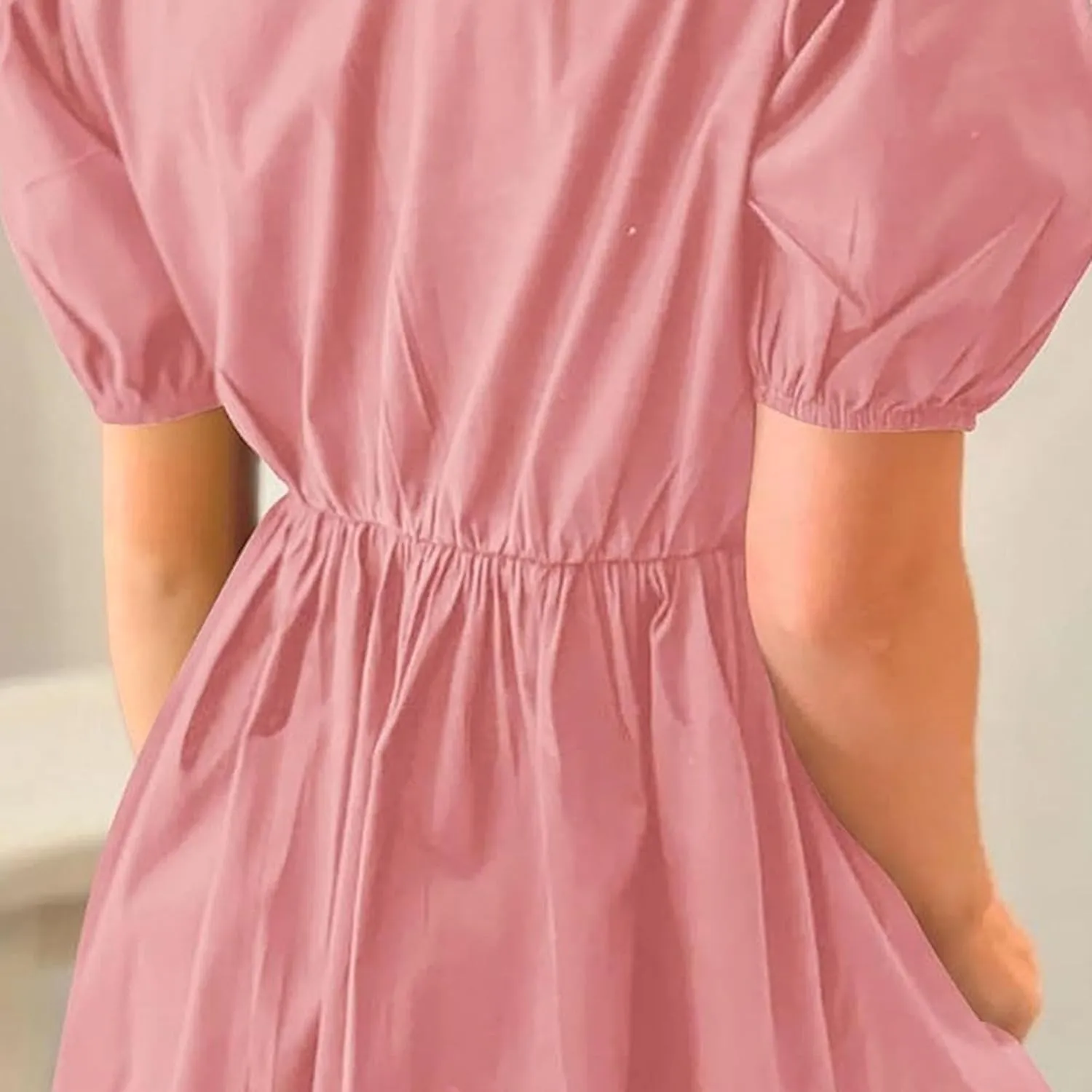 Puff Sleeve Dress for Women Summer Short Sleeve Mini Babydoll Dress Bow Front Tie Cute Pleated A Line Tunic Dresses