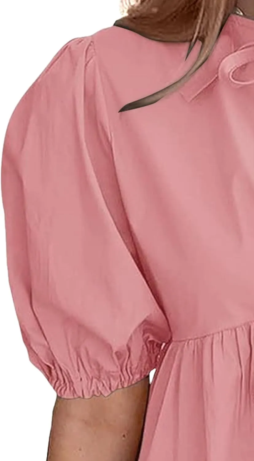 Puff Sleeve Dress for Women Summer Short Sleeve Mini Babydoll Dress Bow Front Tie Cute Pleated A Line Tunic Dresses