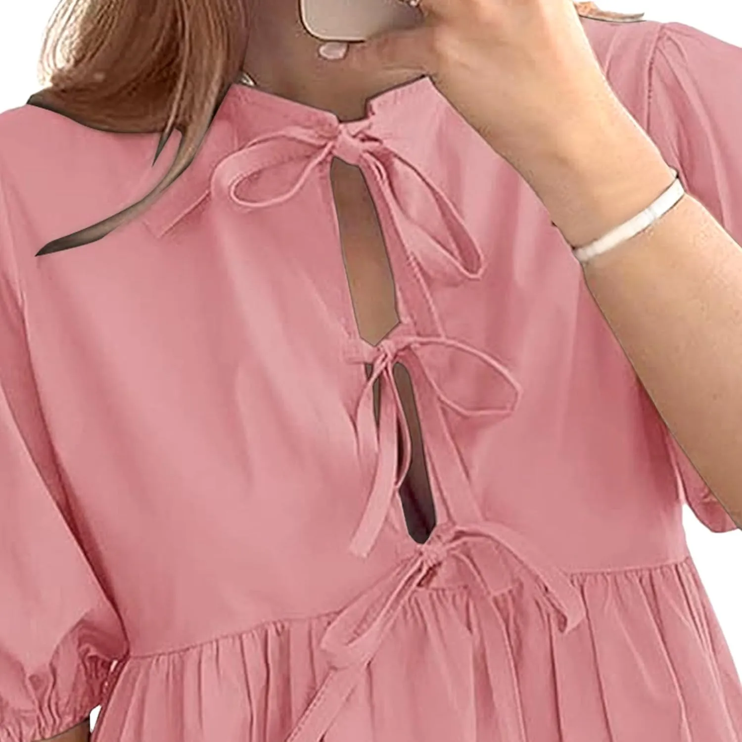 Puff Sleeve Dress for Women Summer Short Sleeve Mini Babydoll Dress Bow Front Tie Cute Pleated A Line Tunic Dresses